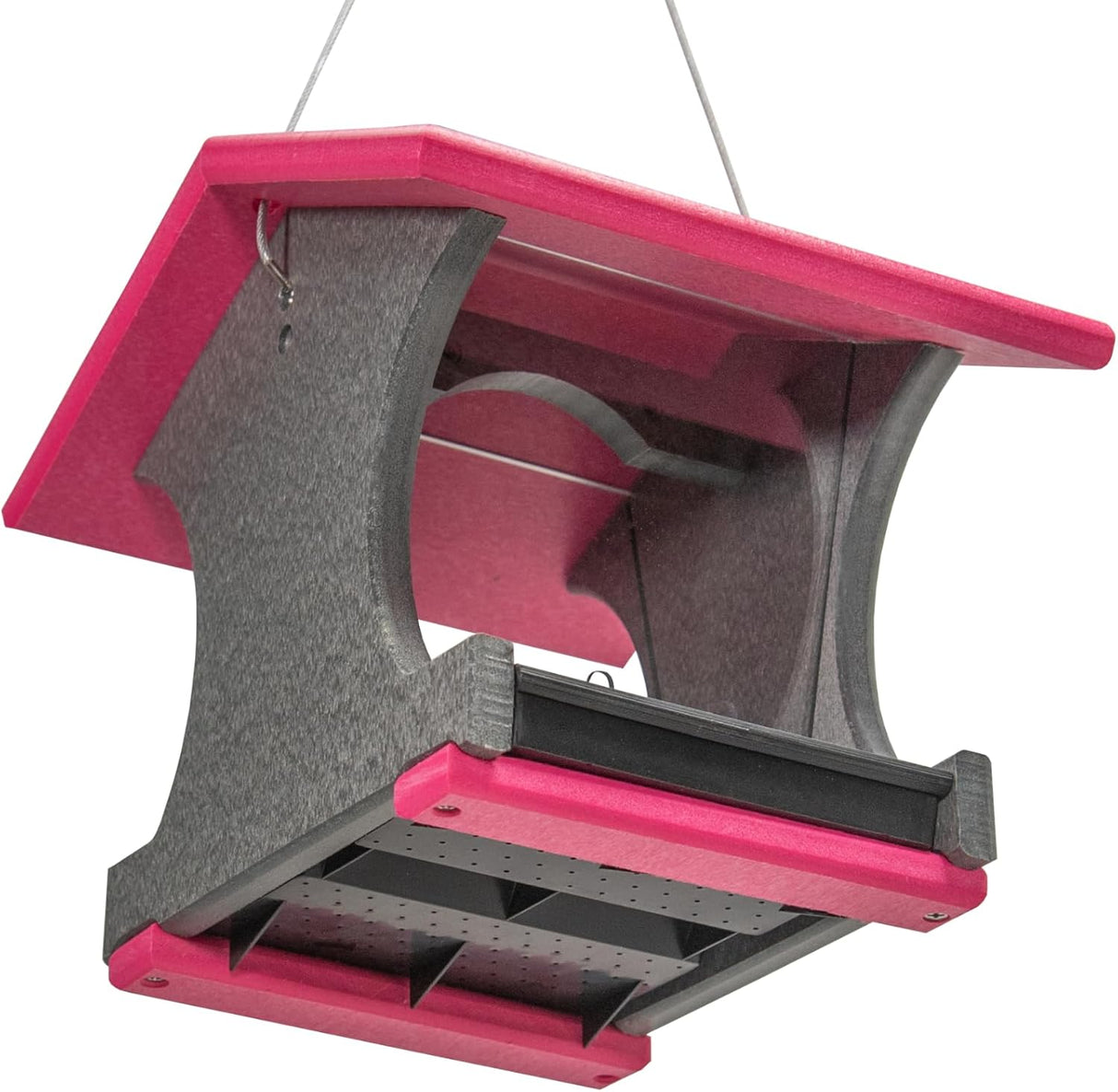 JCS Wildlife Small Hopper Bird Feeder in pink and gray, ideal for gardens and made from recycled materials.