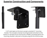 Product shot showing a black metal bird feeder pole mounting bracket with thumb screws and a tapered pole.
