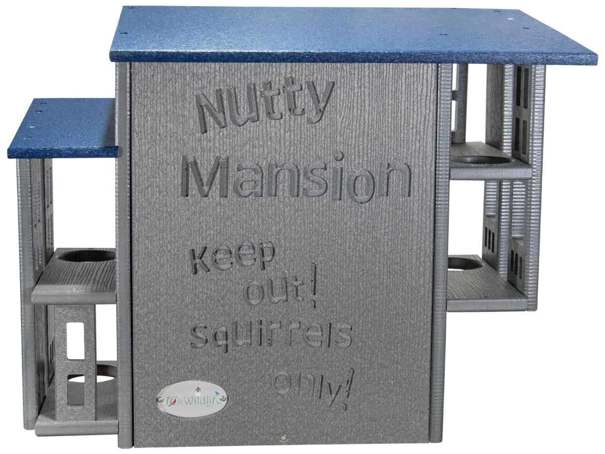 JCs Wildlife Nutty Mansion squirrel feeder features a gray and blue design with multiple feeding platforms and the words Keep Out Squirrels Only carved into the side.
