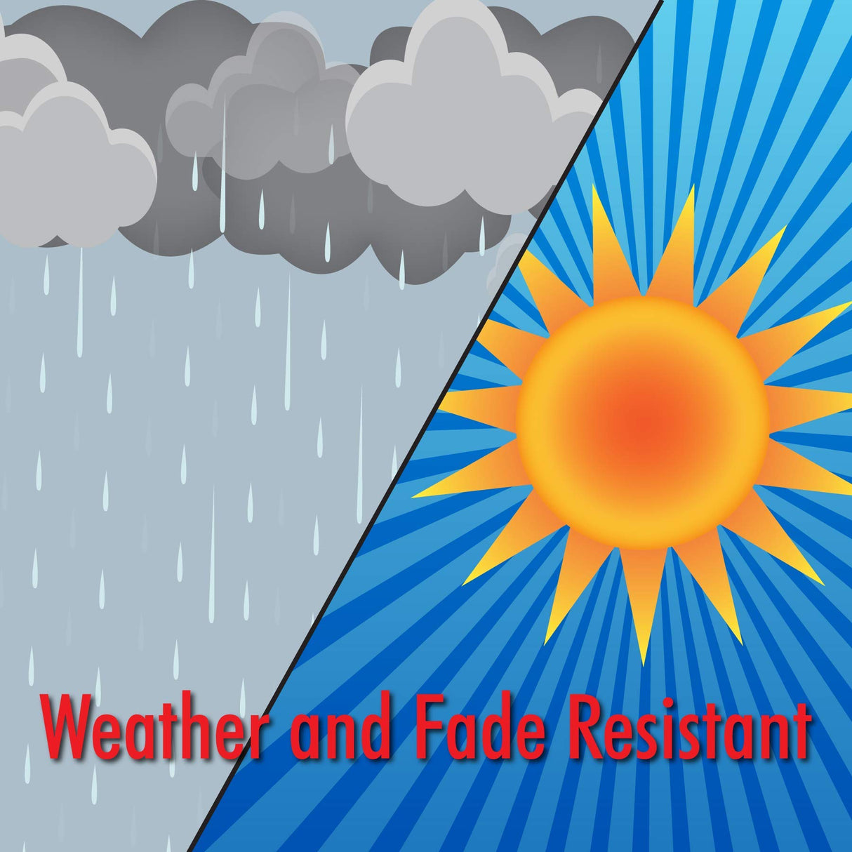 Weather and fade resistant graphic showing rain and sun with the text 'Weather and Fade Resistant' prominently displayed.