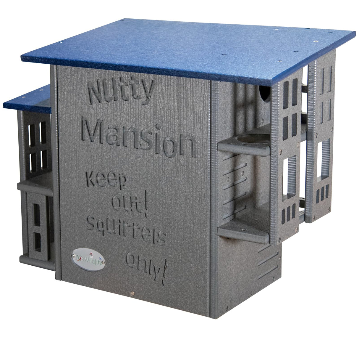 Jos Wildlife Nutty Mansion recycled plastic birdhouse features a blue roof gray walls and multiple entry points to keep out squirrels