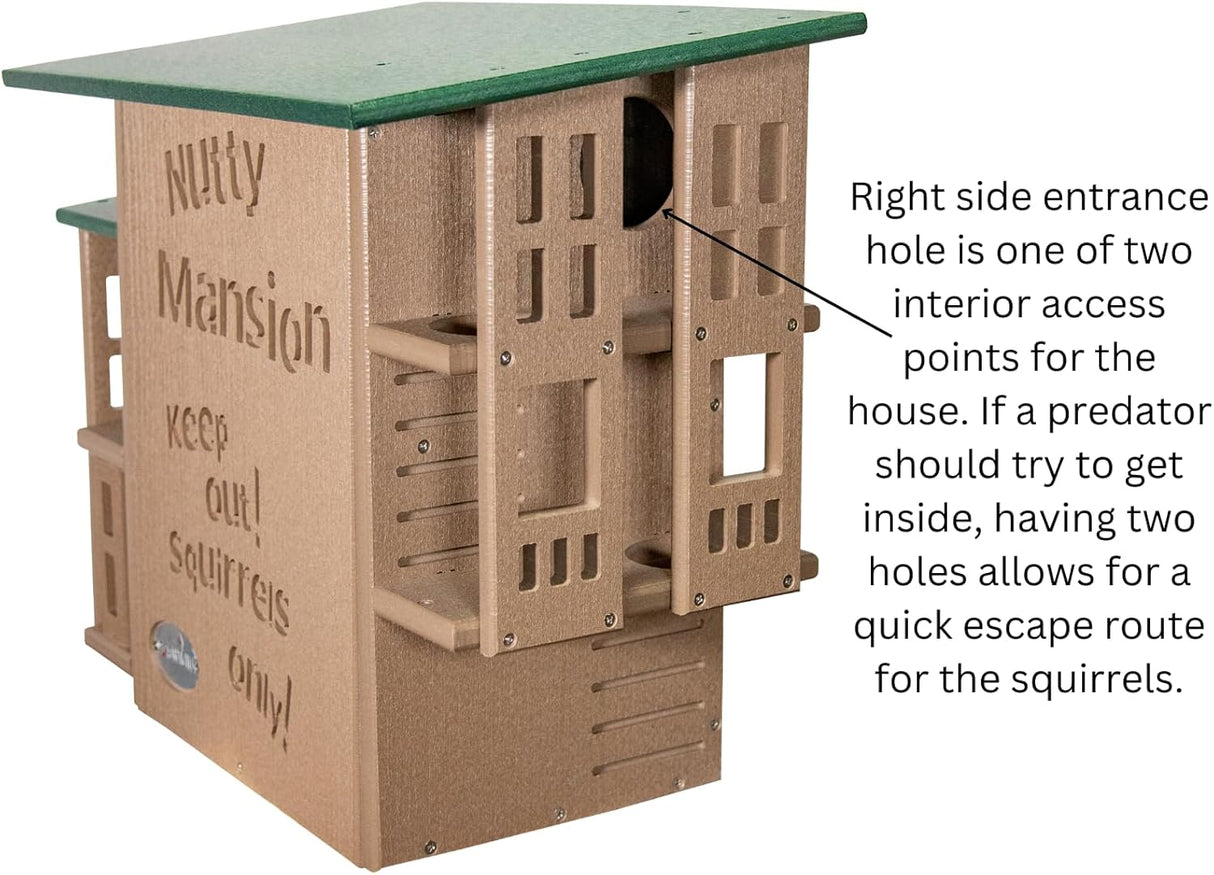 Plastic squirrel feeder Nutty Mansion featuring a green roof, two entry holes, and tan colored siding with cut-out details
