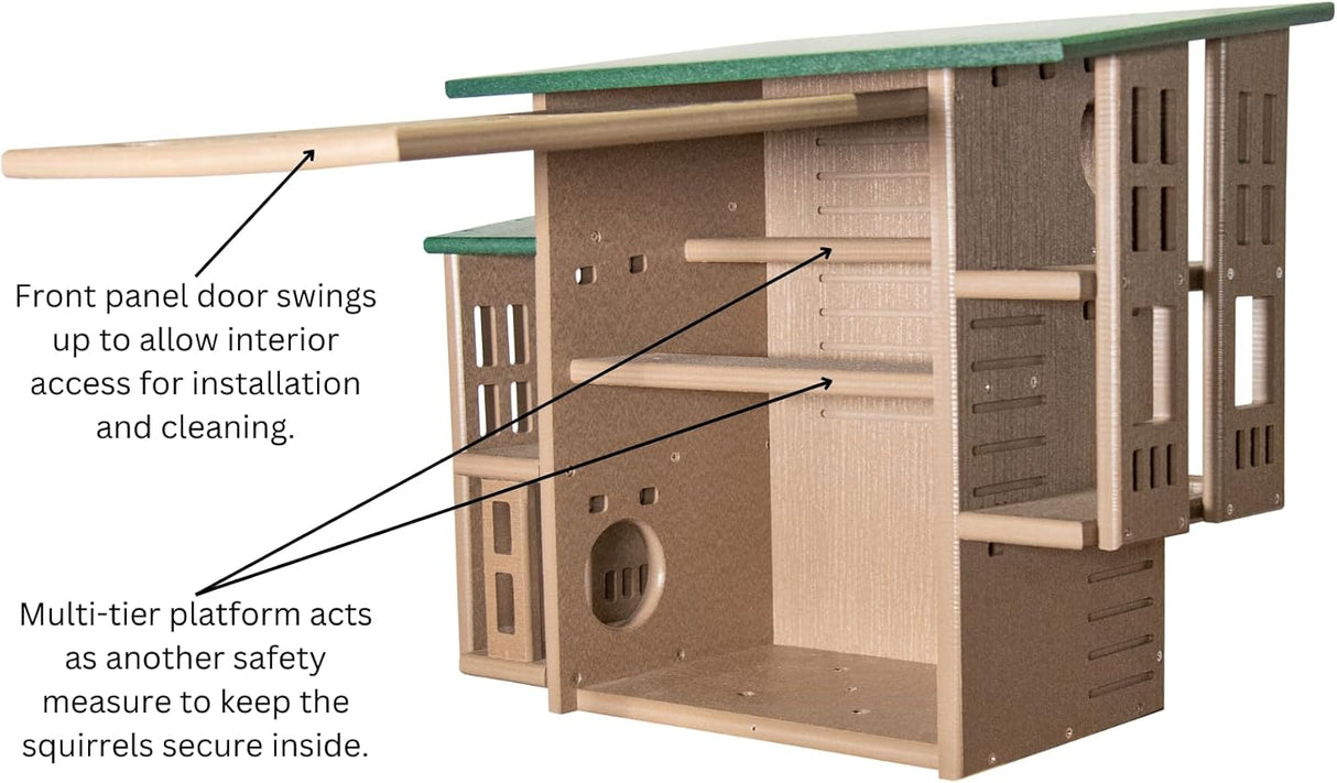 Plastic squirrel feeder showing interior multi-tiered platforms, a green roof, and beige walls with multiple access points for cleaning and installation
