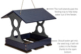 Recycled plastic bird feeder with a dark blue roof, gray accents, and an open bottom tray for easy drainage

