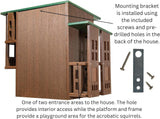 Product image of a brown and green multi-level squirrel house with multiple entry points and platforms, showing detailed craftsmanship and a mounting bracket
