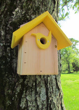 Handmade wooden birdhouse with yellow bird-shaped entrance and roof mounted on a tree in a green park featuring visible tree bark texture and tiny screw details
