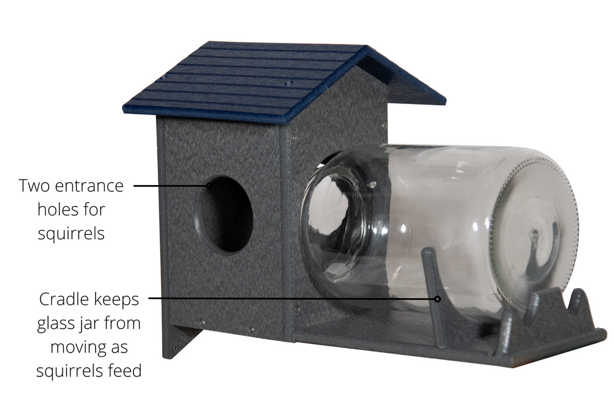 JCS Wildlife Squirrel Under Glass Mason Jar Feeder with two entrance holes and glass jar cradle for easy squirrel feeding.