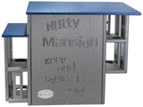 JCs Wildlife Nutty Mansion squirrel feeder features a gray and blue design with multiple feeding platforms and the words Keep Out Squirrels Only engraved on the side
