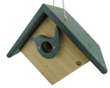 Wooden birdhouse with green roof and hummingbird-shaped entrance hole featuring brass screws and a natural wood body
