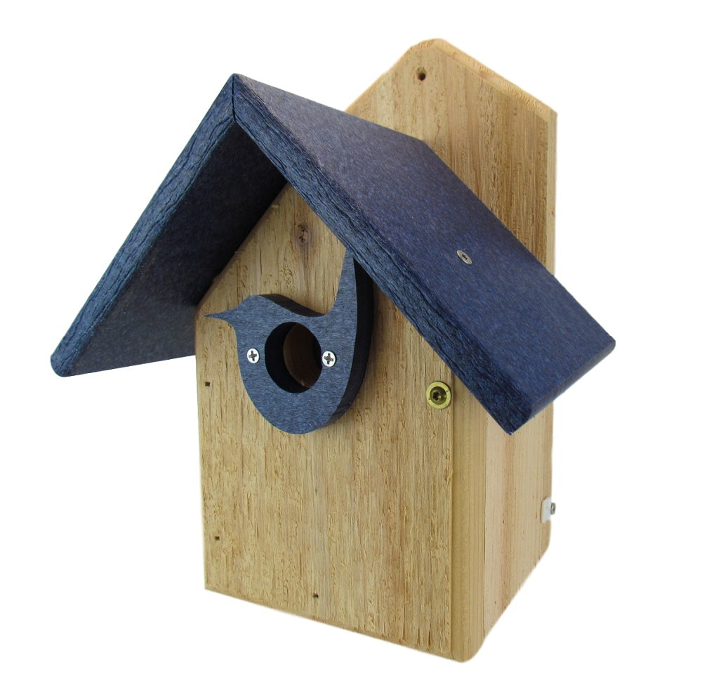 Wooden birdhouse with a dark blue roof and bird-shaped entrance featuring brass screws and a light brown wood grain.

