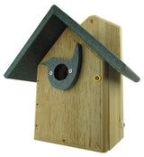 Wooden birdhouse with dark green roof and bird-shaped entrance featuring brass screws and natural wood grain

