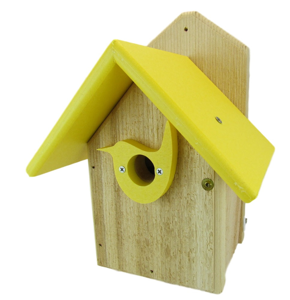 Wooden birdhouse with a bright yellow roof and bird-shaped entrance featuring visible screws and natural wood grain
