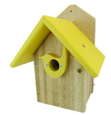Wooden birdhouse with a bright yellow roof and bird-shaped entrance featuring visible screws and natural wood grain
