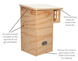 JCS Wildlife Plywood Squirrel House showing air vents, roof overhang, and access for cleaning.