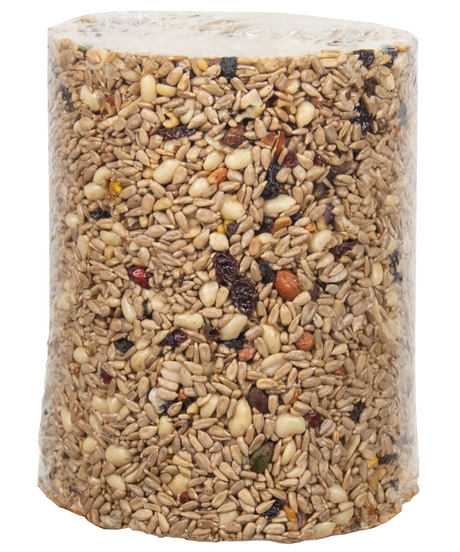 JCS Wildlife No Mess, No Waste Fruit Blend Premium Bird Seed Cylinder, 4.5 lb, perfect for feeding birds without litter.