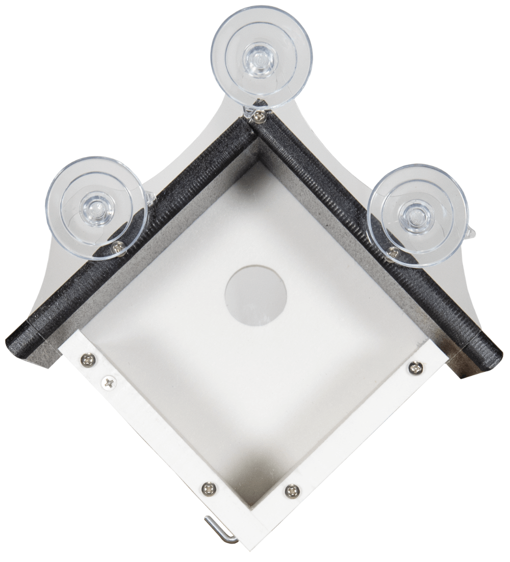 Top view of JCS Wildlife Recycled Poly Lumber Window-Mount Wren House with suction cups for easy window attachment.