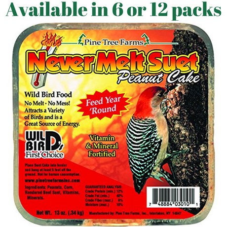 Pine Tree Farm's Never Melt Peanut Suet 12 oz, available in 6 or 12 packs, ideal wild bird food with vitamins.