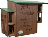JCs Wildlife Nutty Mansion squirrel feeder features a brown and green multi-level design with cut-out windows and the words Keep out squirrels only carved into the side.
