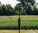 Photograph of a bird perched on a dark brown metal bird feeder in a rural field with a tree line and a roadway visible in the background the feeder features an ornate top piece and a squirrel baffle a small bird is clearly visible on the feeder