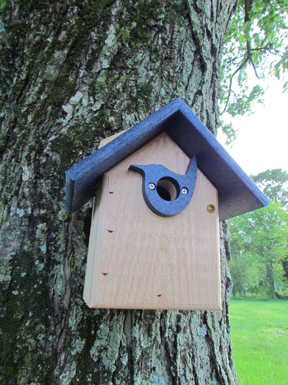 Wooden birdhouse by unknown artist affixed to a moss-covered tree in a grassy field featuring a dark blue roof a bird-shaped entrance and visible screws.
