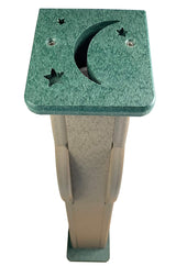 Plastic post with a dark-green square top featuring a crescent moon and stars cutouts showing a taupe-colored post below with visible screws and a textured surface
