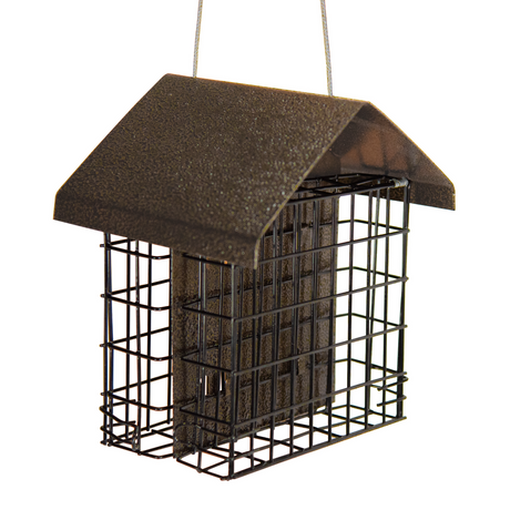 Metal house-shaped bird feeder with dark brown textured roof and wire cage design hanging from a thin wire showing a protective overhang and small entry slots