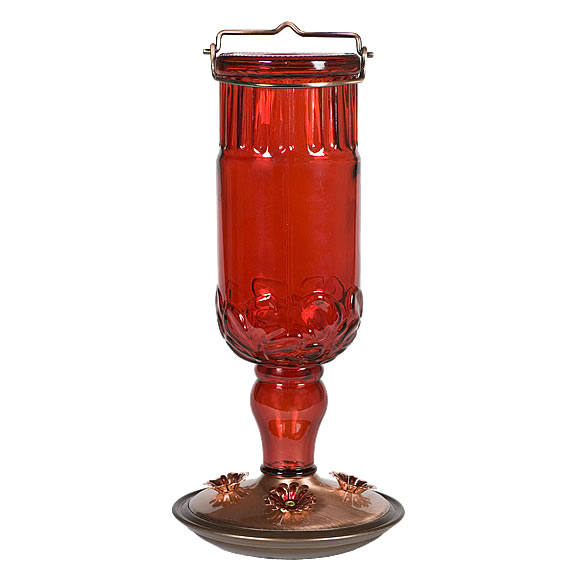 Perky-Pet Red Antique Glass Bottle Hummingbird Feeder with Brushed Copper Base and 4 Decorative Feeding Ports