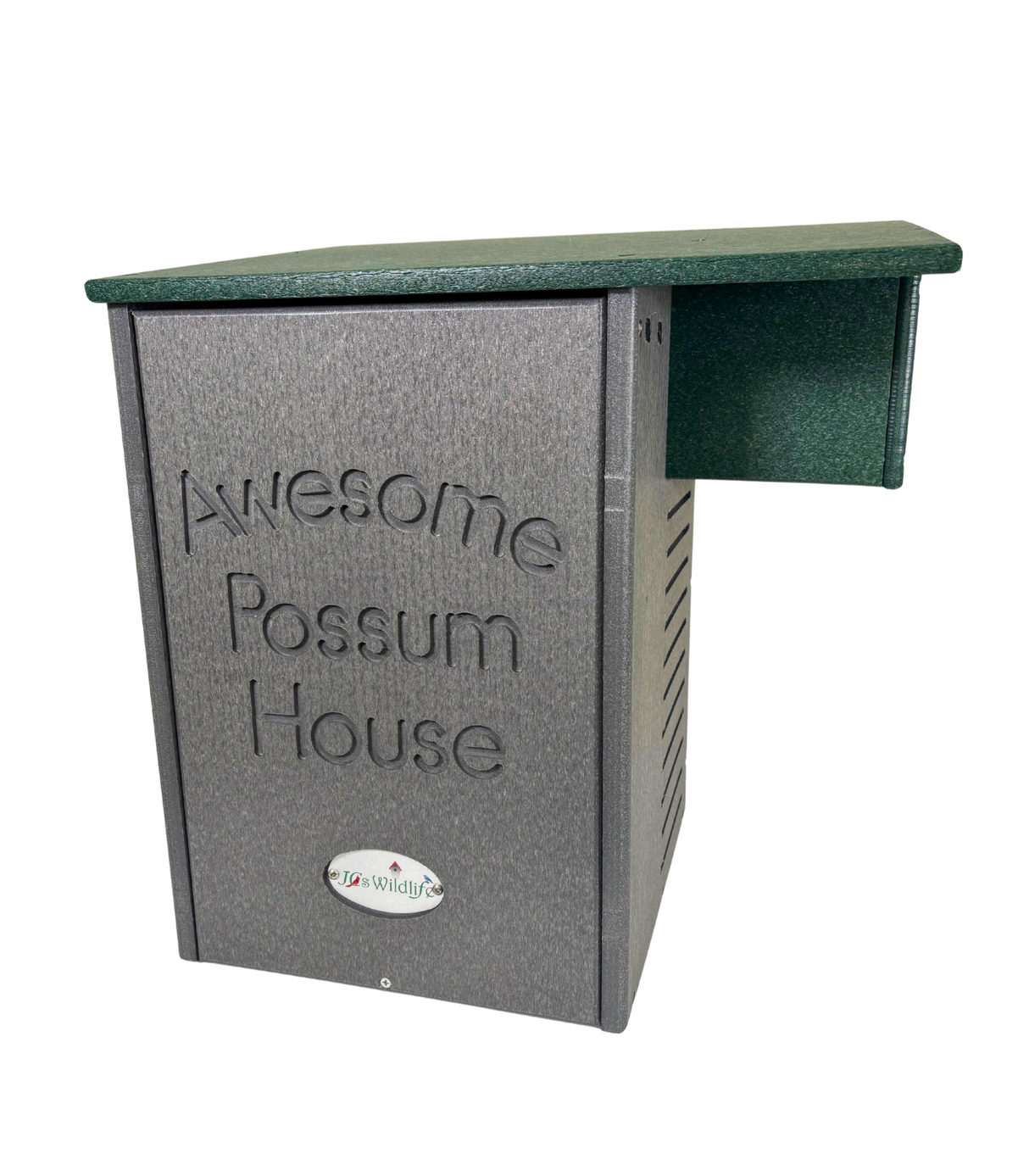 Product shot of a gray and green Jos Wildlife Awesome Possum House featuring a dark green roof and embossed lettering against a textured background