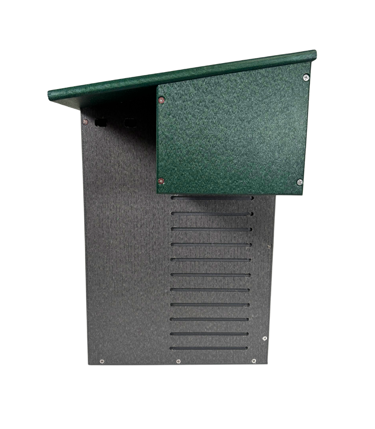 Product shot of a dark gray and green plastic bat house with a sloped roof and ventilation slots showing visible screws and a textured surface
