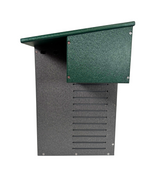 Product shot of a dark gray and green plastic bat house with a sloped roof and ventilation slots showing visible screws and a textured surface

