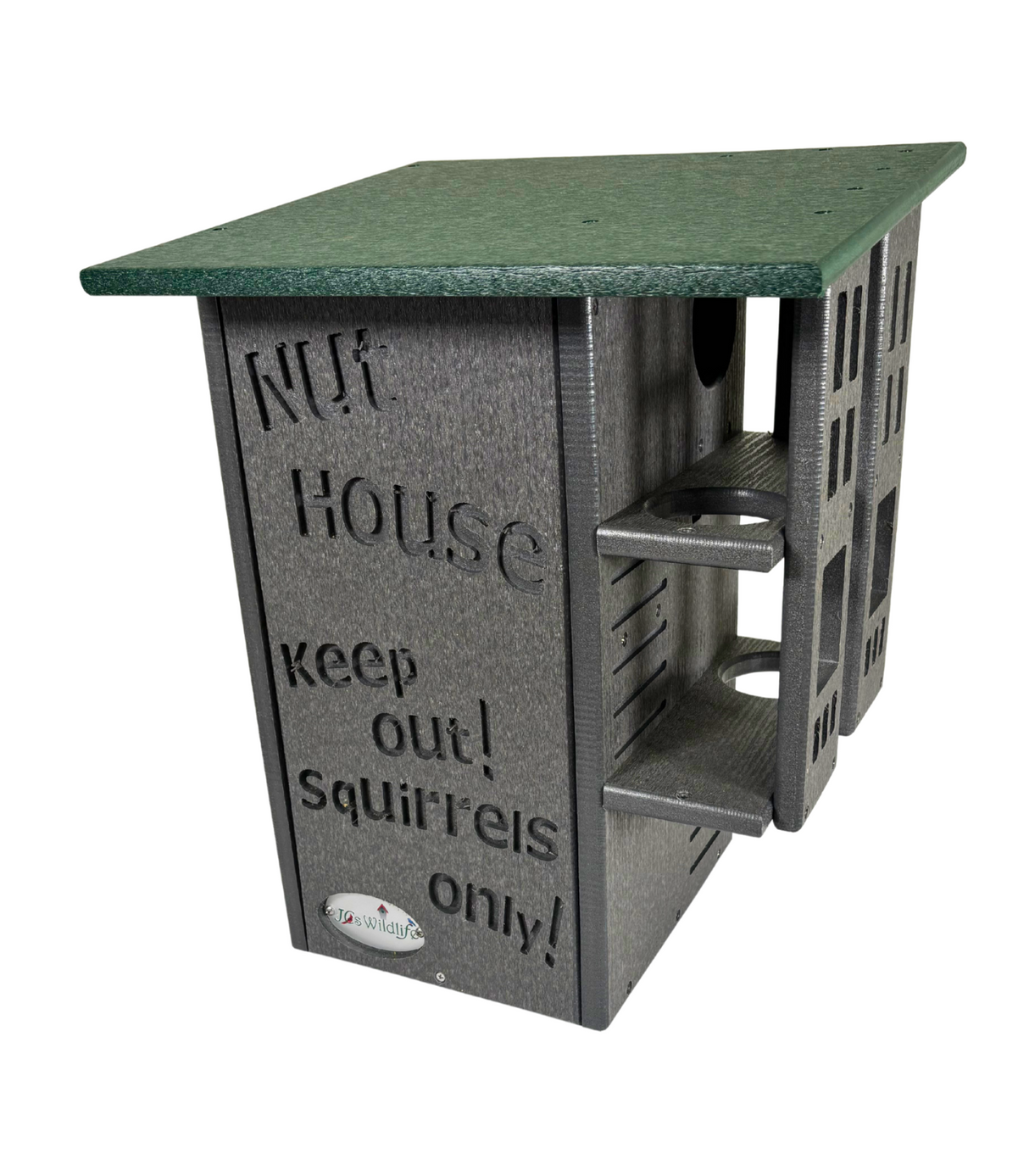 JCS Wildlife recycled plastic nut house featuring a dark gray body green top and cut-out squirrel-proof design with perches
