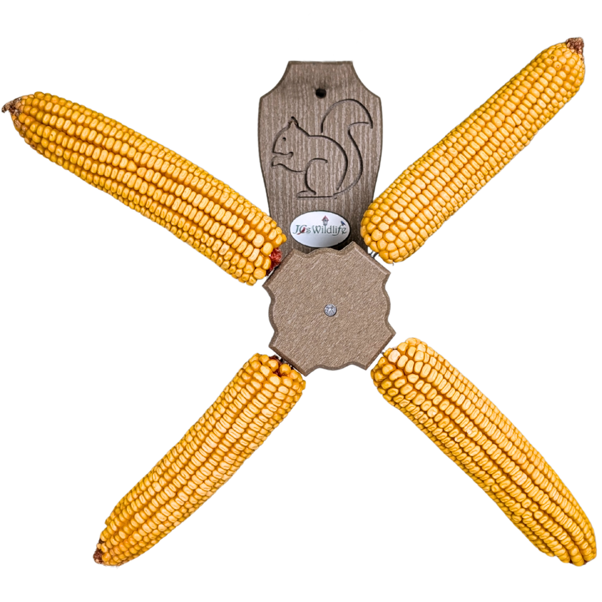 Corn Squirrel feeder with four ears of corn on a white background