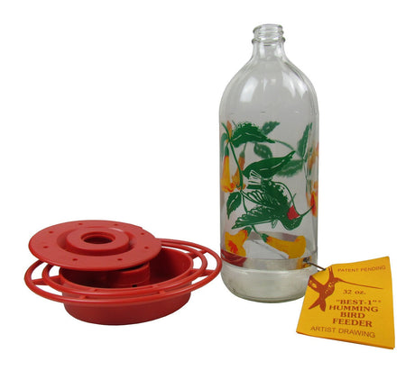 Artist drawing of a 32 oz Best-1 hummingbird feeder featuring a vibrant green hummingbird and yellow-orange flowers on a clear glass bottle with a bright red plastic base
