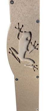 Unknown artist, carved wood panel featuring a detailed frog silhouette against a beige background with visible mounting hardware and subtle textural variations

