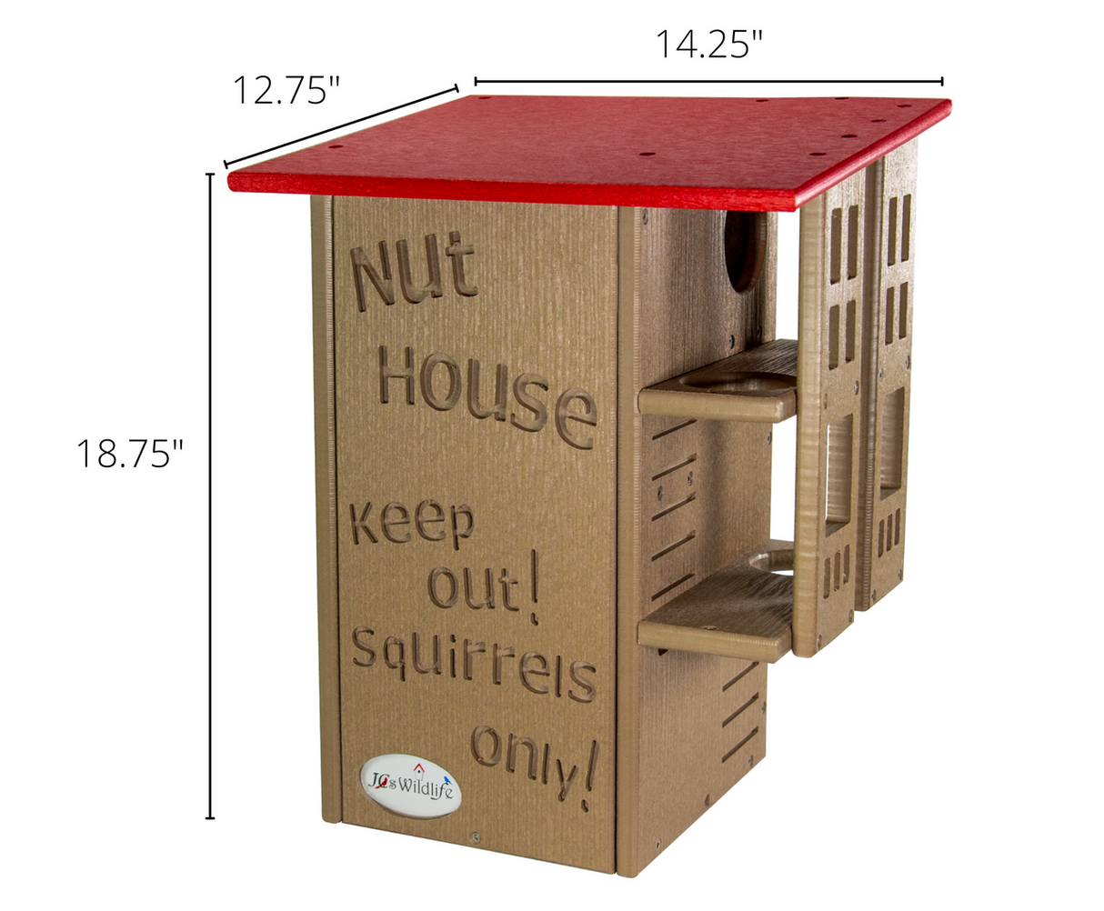 JCS Wildlife Nut House, a tan and red squirrel-proof bird feeder with multiple feeding platforms and a red roof against a white background
