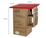 JCS Wildlife Nut House, a tan and red squirrel-proof bird feeder with multiple feeding platforms and a red roof against a white background
