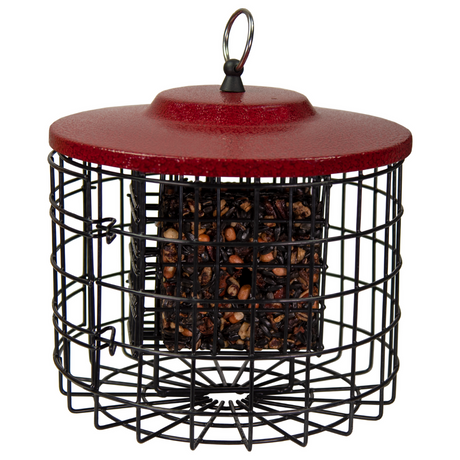 Squirrel Stopper Round Squirrel Proof Suet Feeder with easy-open side door, holds 2 suet cakes for small birds.