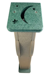 Plastic post lamp with a dark green top featuring a cut-out crescent moon and stars a taupe-colored body and a small green base
