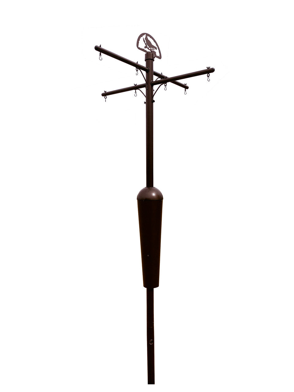 Metal garden bird feeder stand with multiple hanging points and a decorative bird silhouette on top features a dark brown finish and a cylindrical seed dispenser
