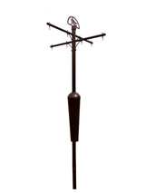 Metal garden bird feeder stand with multiple hanging points and a decorative bird silhouette on top features a dark brown finish and a cylindrical seed dispenser
