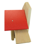 Wood birdhouse with a bright red roof a visible screw and natural wood grain details
