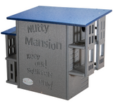 Recycled plastic Nutty Mansion squirrel feeder with blue roof gray walls and multiple entry points featuring a Keep Out Squirrels Only inscription
