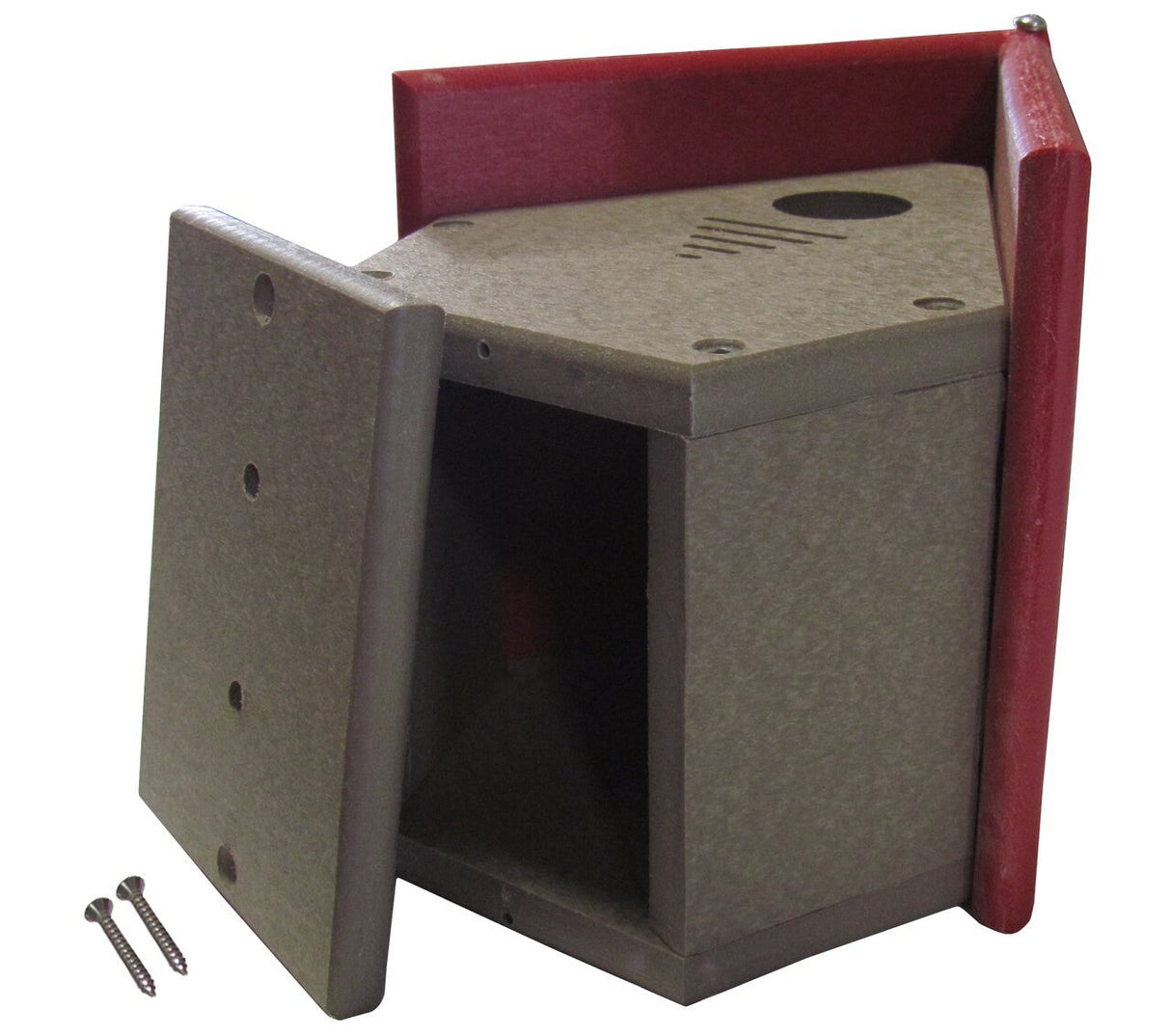 Recycled plastic birdhouse with maroon trim and a removable access panel showing two screws and drainage holes
