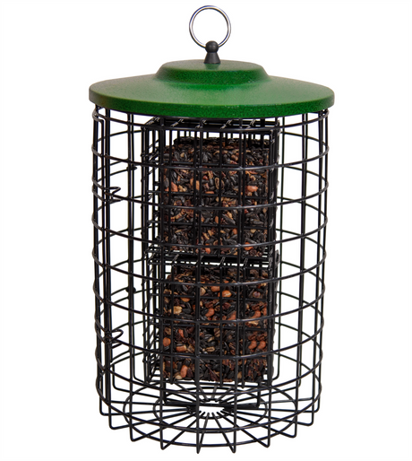 Squirrel Stopper large round squirrel proof suet feeder designed to hold 4 suet cakes with easy-open side door.