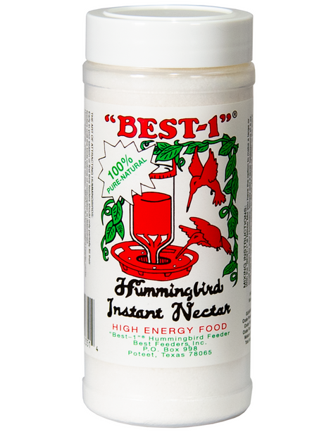 Product label for Best-1 Hummingbird Instant Nectar from Best Feeders Inc, Poteet, Texas, showing a red hummingbird feeder with a vibrant red hummingbird and green foliage,  featuring the words Best-1 and 100% Pure Natural in bold lettering
