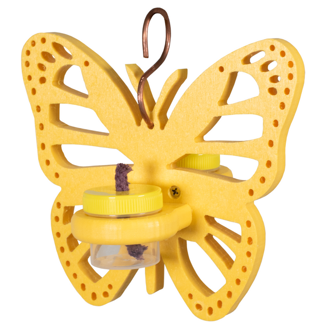 Foam craft butterfly feeder with yellow body copper hanger and two small clear jars containing dark purple string
