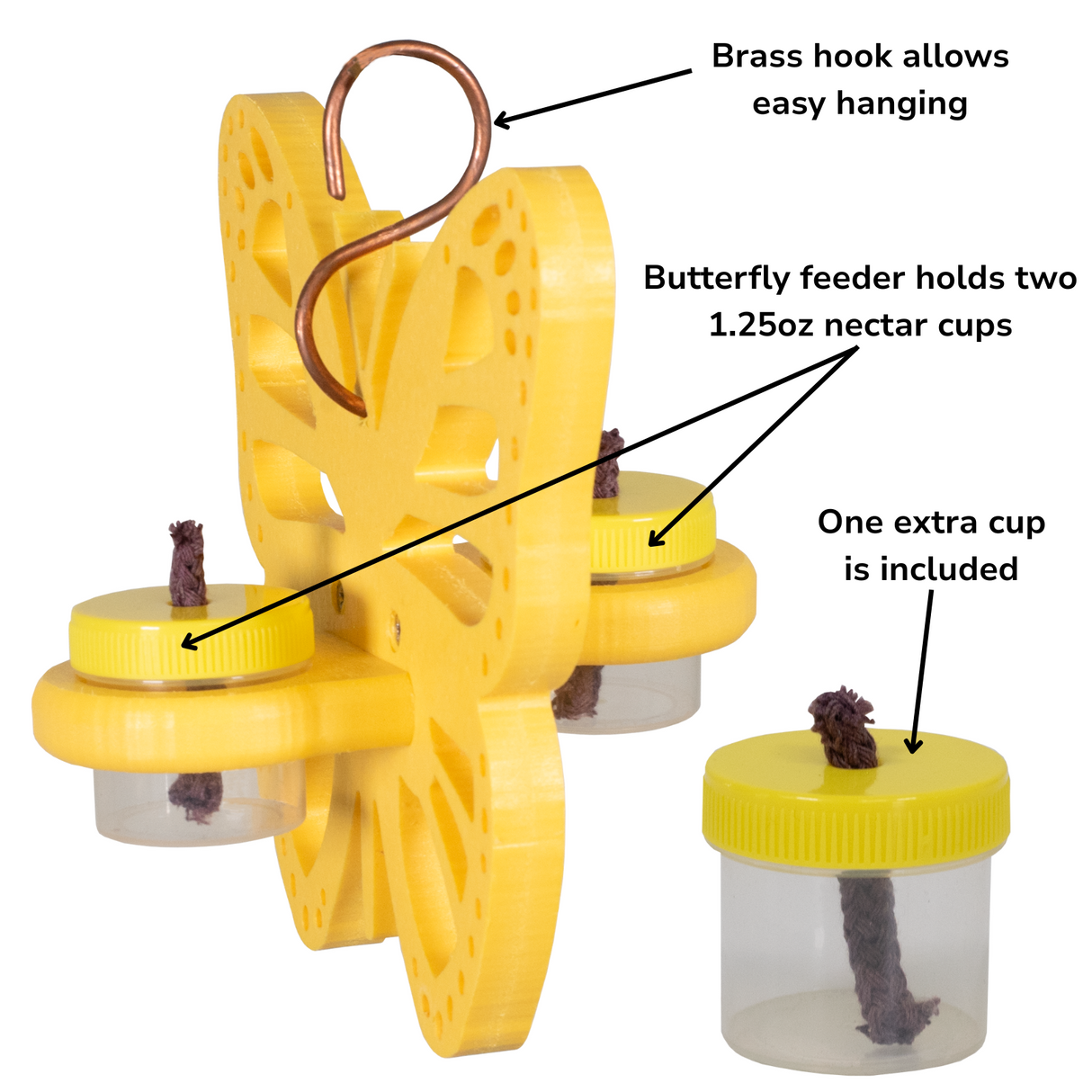 Plastic butterfly feeder with brass hook three yellow nectar cups and brown wicking material
