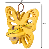A yellow painted wood butterfly feeder with two clear jars a copper hanging hook and intricate cutouts hangs against a white background
