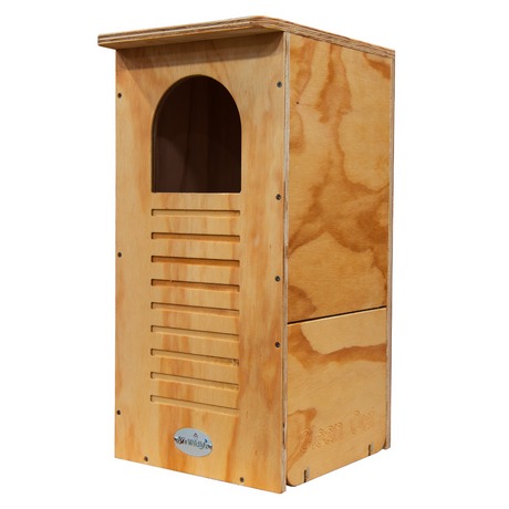 Jo's Wildlife wooden birdhouse featuring a light brown arched entryway and slatted ventilation slots against a white background
