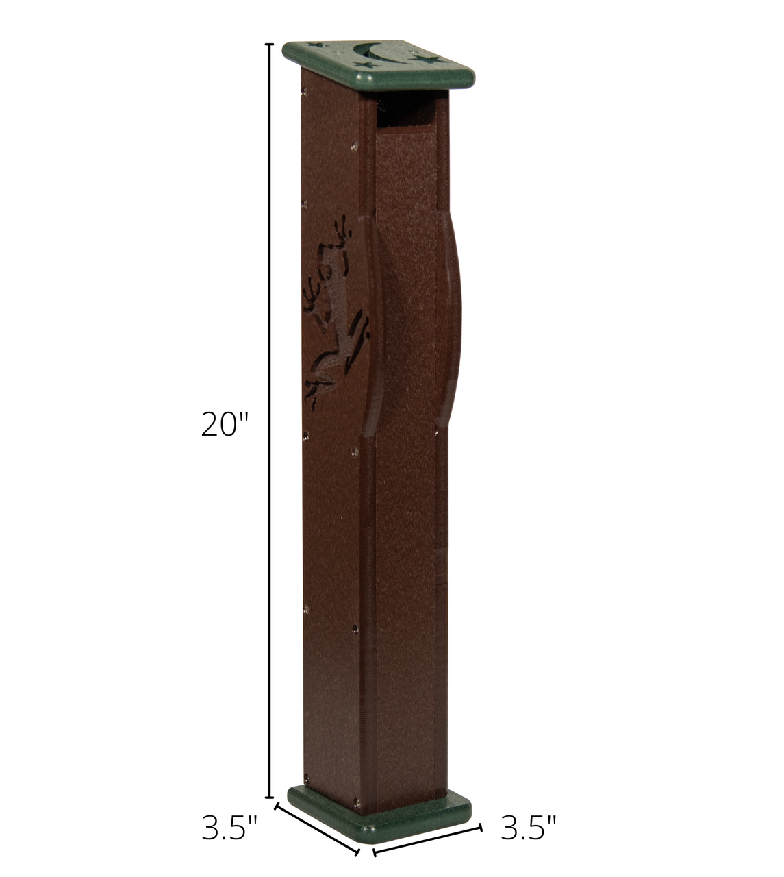 Product image showing a brown and green plastic post with frog and moon carvings a decorative slot and a square base
